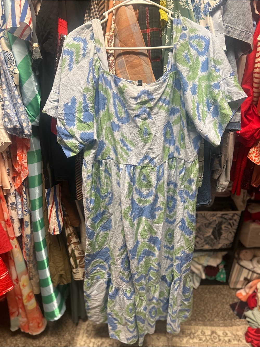 Blue and Green Printed Maxi Dress with Scoop Neck